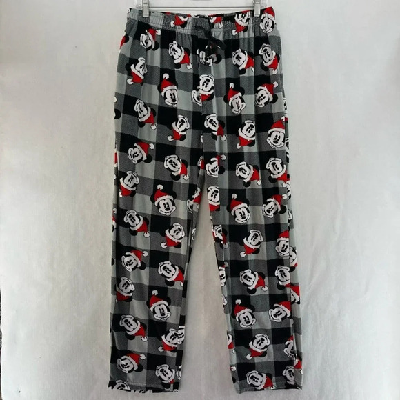 Disney Mickey Mouse Pajama Pants Womens L Gray Plaid Christmas Holiday Pull On - Picture 1 of 9
